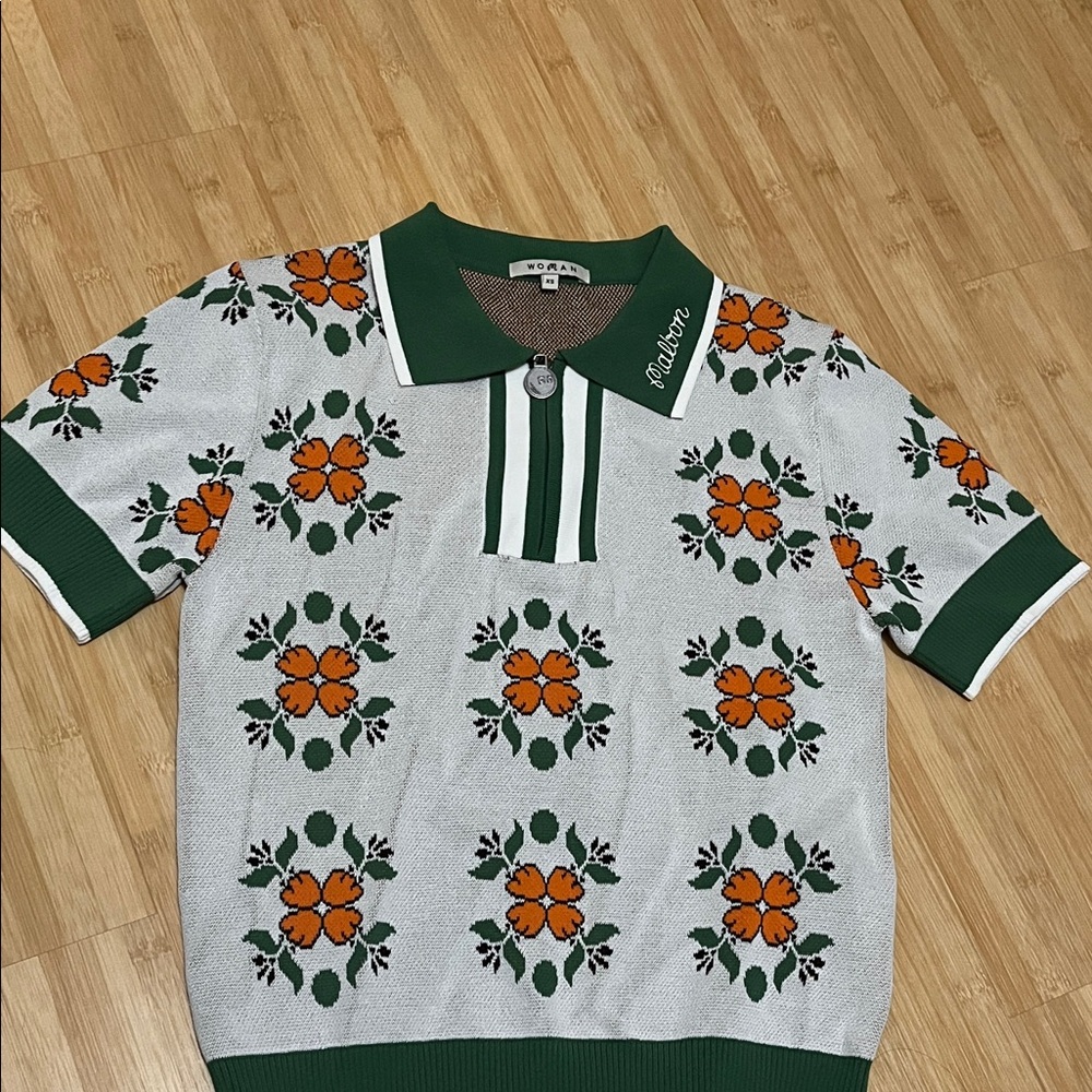 Woman Floral Knit Polo Shirt